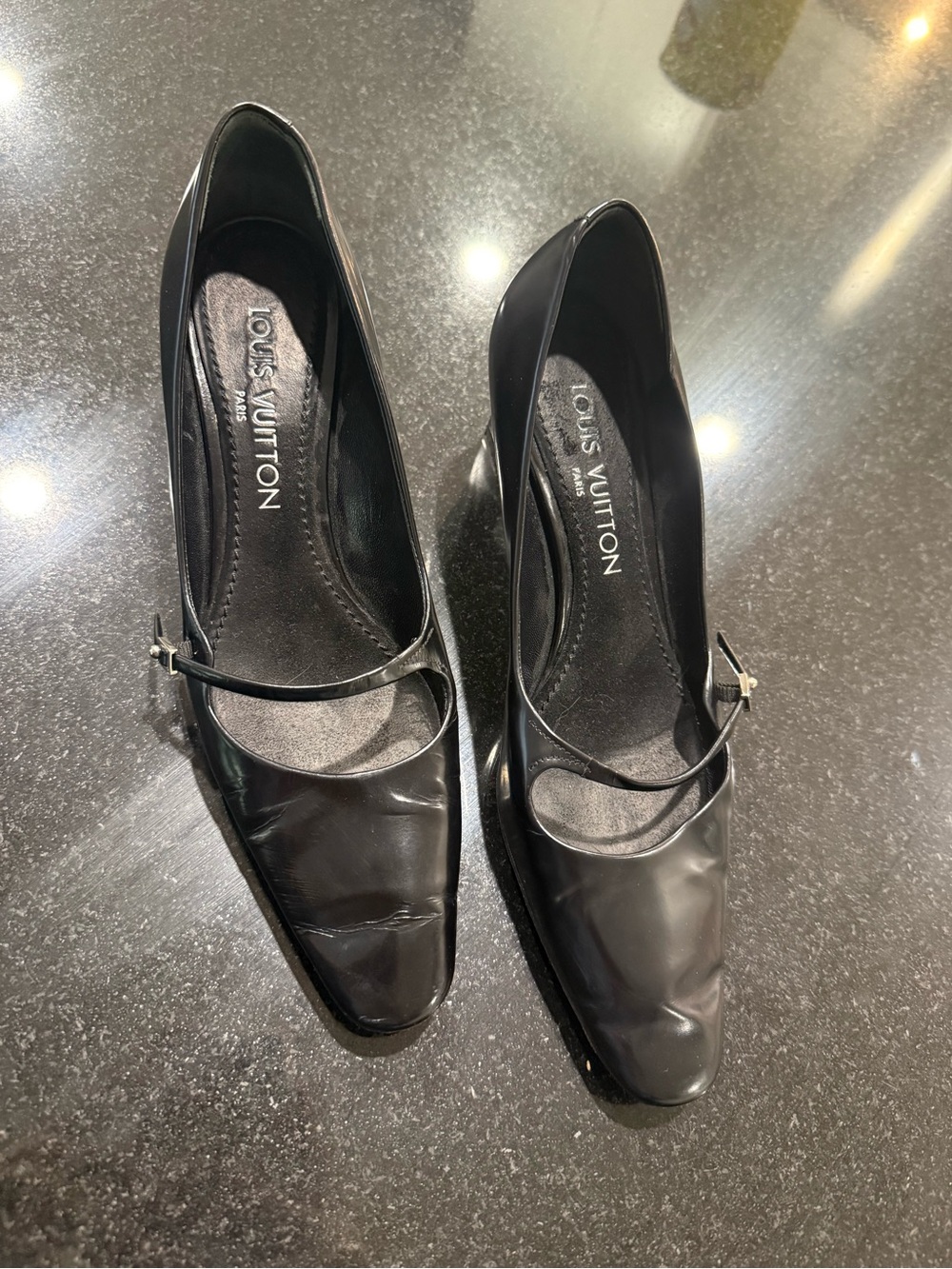 Louis Vuitton Black Leather Mary Jane Heels with Slim Strap
